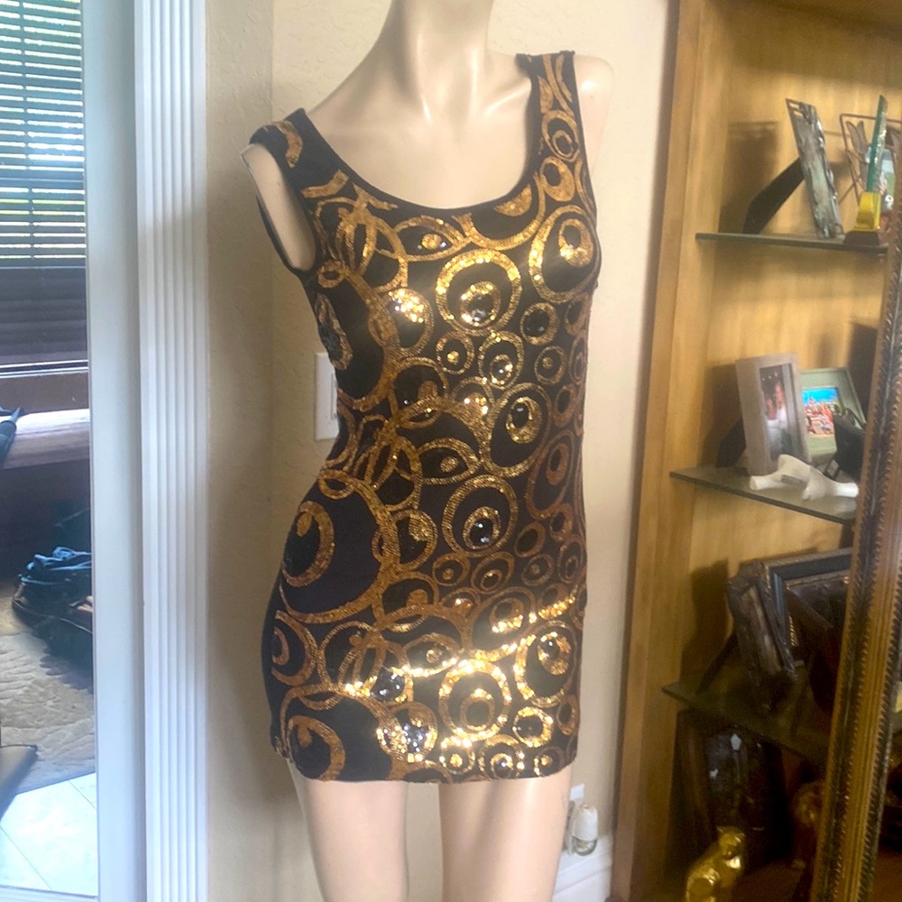 VELZERA Black/Gold Sequins Body Contouring Stretch Dress Sz M